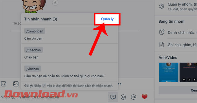 Nhấp chuột vào nút Quản lý