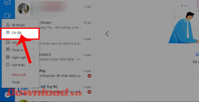 Click chuột vào mục Cài đặt