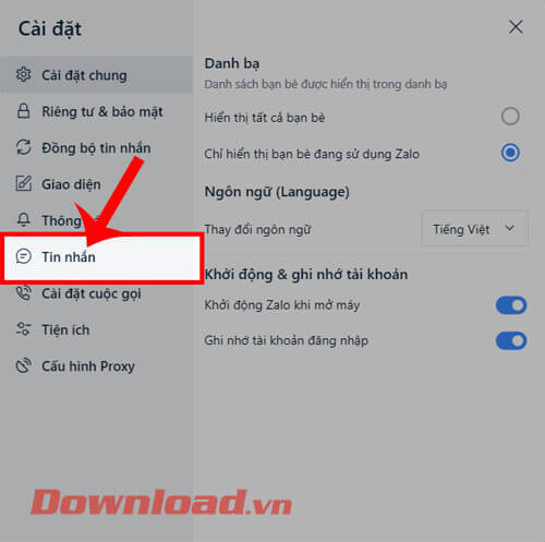 Nhấp chuột vào mục Tin nhắn