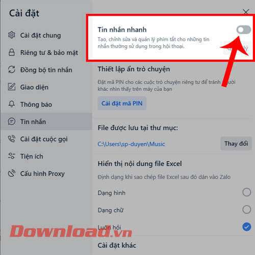 Gạt công tắc tại mục Tin nhắn nhanh