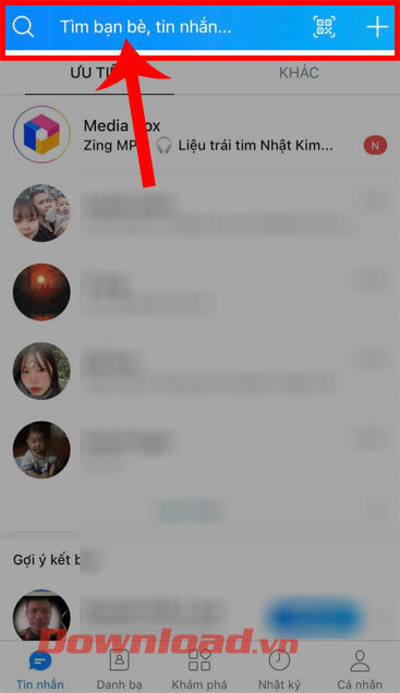 <p><strong>Bước 2: </strong>Trong giao diện chính của ứng dụng Zalo, ấn vào <strong>ô tìm kiếm</strong>