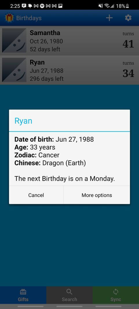 Giao diện Birthdays for Android