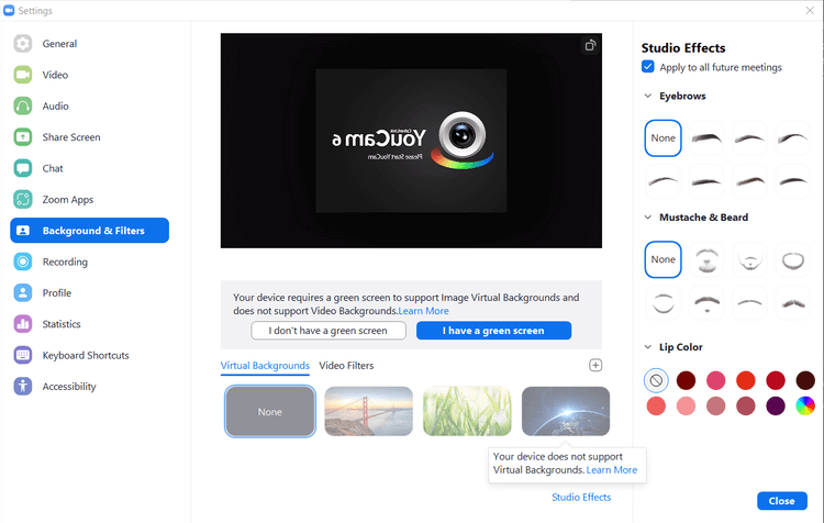 Các tùy chọn hiệu ứng video trên Zoom