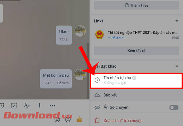 <p><strong>Bước 3: </strong>Khi này trong khung cửa sổ <em>Thông tin hội thoại</em>, nhấp chuột vào