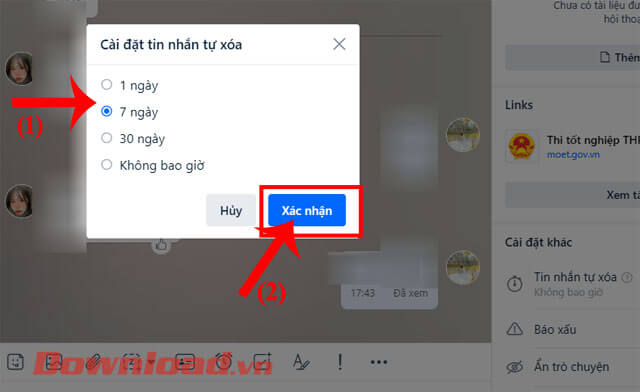 <p><strong>Bước 4:</strong> Lúc này trên màn hình sẽ hiển thị khung cửa sổ<em> Cài đặt tin nhắn tự xóa</em>,