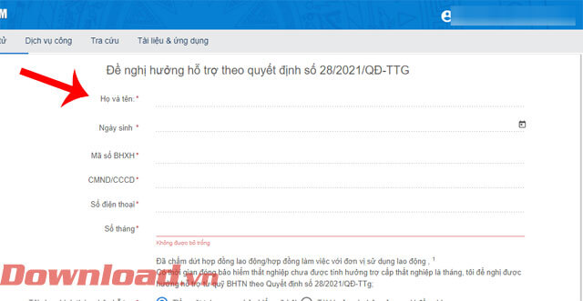 <p><strong>Bước 6: </strong>Lúc này, tại mẫu đơn <strong>Đề nghị hưởng hỗ trợ theo <a href="https://download.vn/quyet-dinh-28-2021-qd-ttg-54835"
