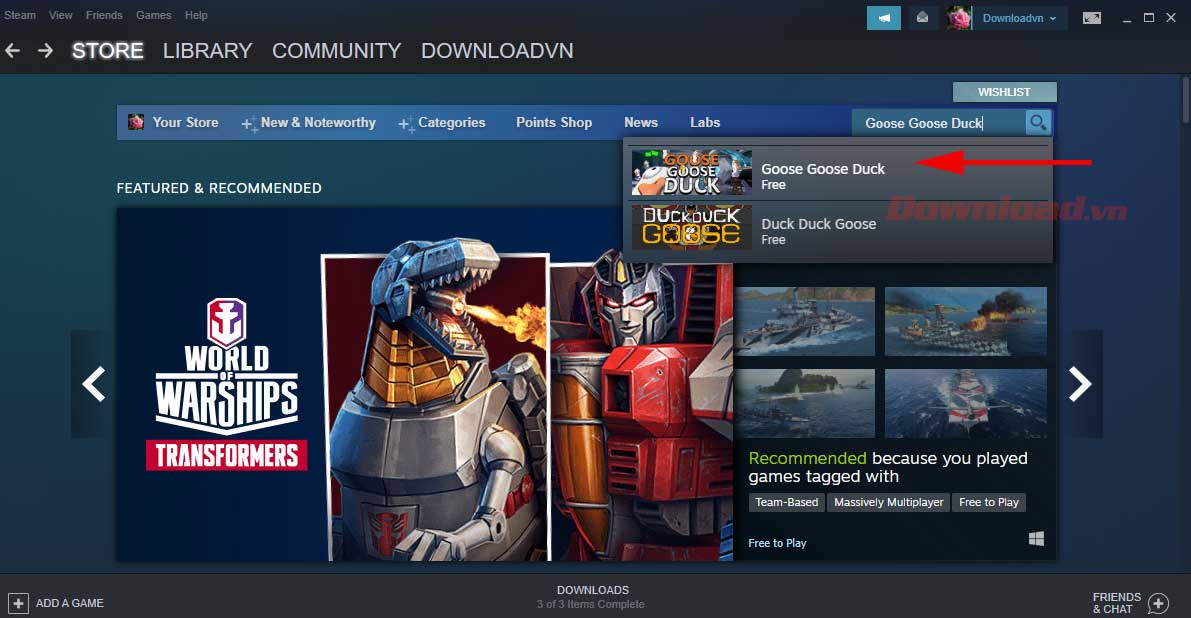 <p>1. Đăng nhập tài khoản<strong> Steam</strong>, tới <strong>Store</strong> và gõ <strong>Goose Goose