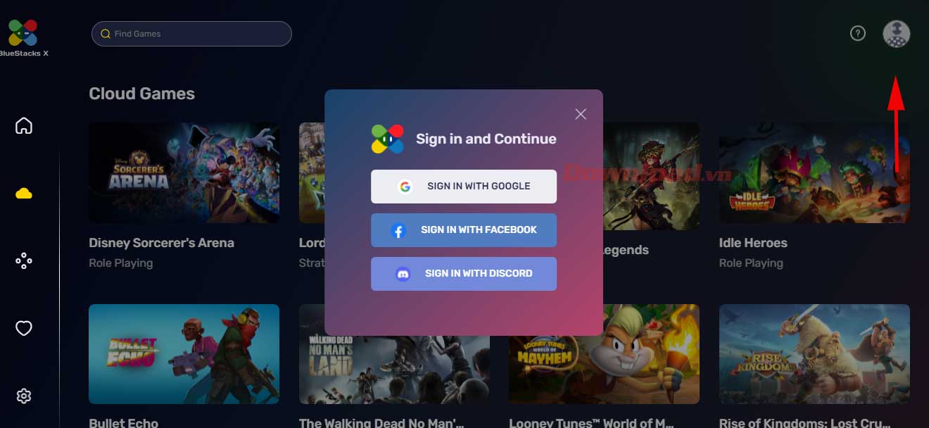 <p>2. Chọn hình thức đăng nhập bạn muốn để chơi game Android trên web. Rồi làm theo hướng dẫn.</p>