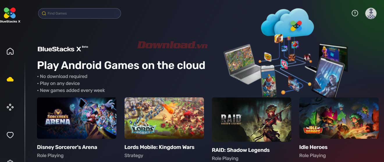 <p>1. Truy cập https://x.bluestacks.com/#/cloudGames. Click icon cạnh dấu hỏi để tiến hành đăng nhập