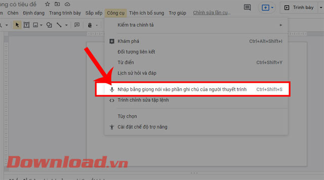 Ấn vào mục Nhập bằng giọng nói vào phần ghi chú của người thuyết trình