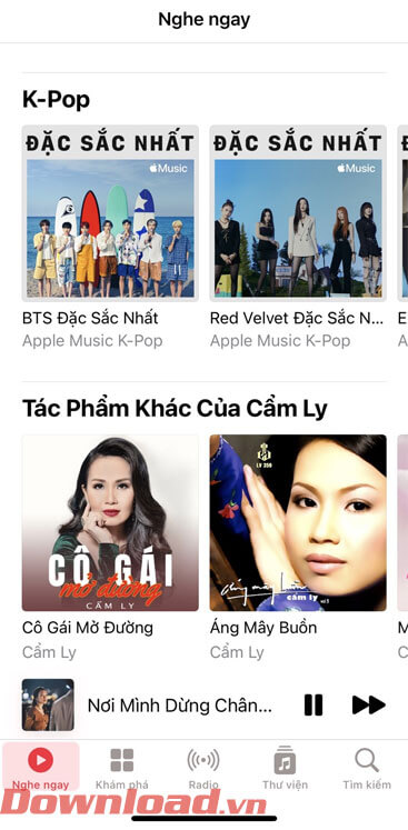<p><strong>Bước 5:</strong> Lúc này, tại mục Nghe ngay của ứng dụng sẽ hiển thị toàn bộ thư viện nhạc