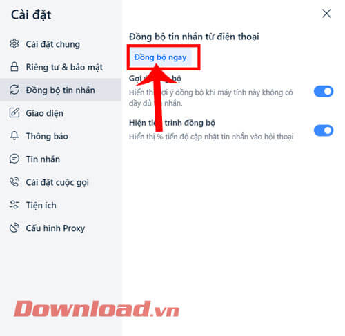 <p><strong>Bước 5:</strong> Ở mục <em>Đồng bộ tin nhắn từ điện thoại </em>khi này, click chuột vào nút