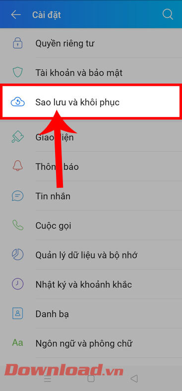 <p><strong>Bước 3: </strong>Trong mục <em>Cài đặt</em> của ứng dụng Zalo, ấn vào mục <strong>Sao lưu