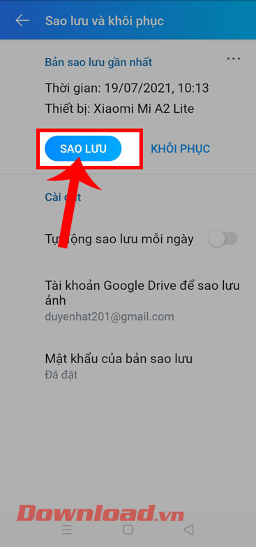 <p><strong>Bước 4: </strong>Khi này, tại mục <em>Sao lưu và khôi phục</em>, hãy nhấn vào nút <strong>Sao
