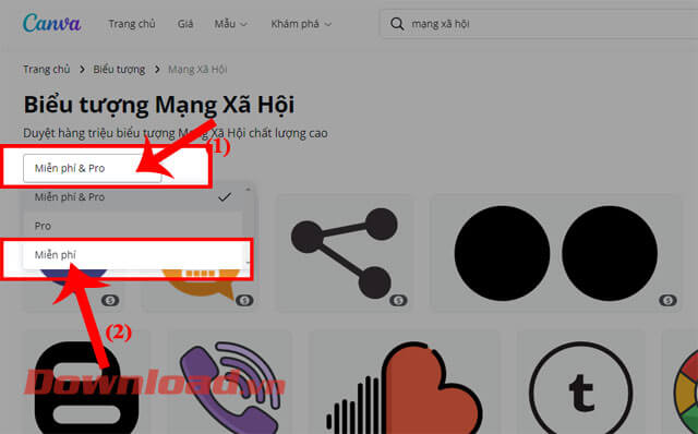 Click chuột vào mục Miễn phí