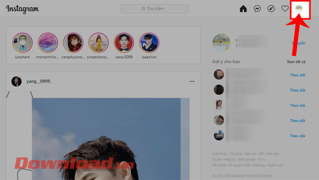 <p><strong>Bước 2:</strong> Tại trang chủ của Instagram khi này, click chuột vào<strong> hình ảnh đại