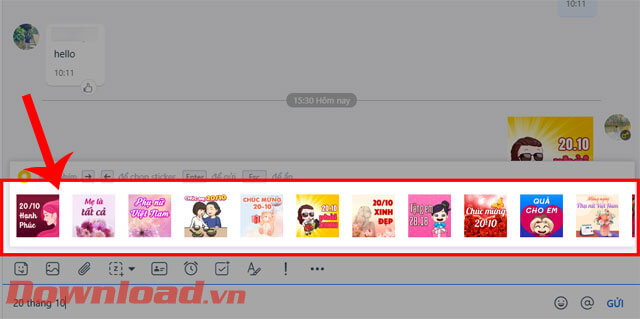 <p><strong>Bước 4: </strong>Lúc này trên màn hình sẽ hiển thị nhiều mẫu nhãn dán ấn tượng ngày 20/10,