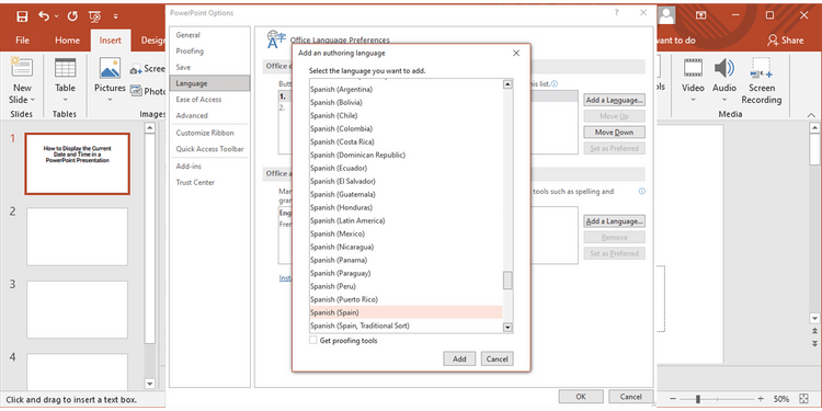 Chọn ngôn ngữ cho ngày & tháng trong PowerPoint