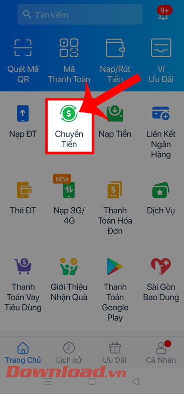 <p><strong>Bước 2:</strong> Trong giao diện chính của ứng dụng, nhấn vào mục <strong>Chuyển tiền.</strong></p>