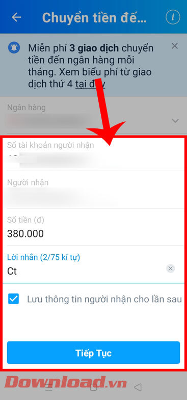 <p><strong>Bước 4: Nhập số tài khoản hoặc số thẻ ngân hàng, tên người nhận, số tiền cần chuyển, lời