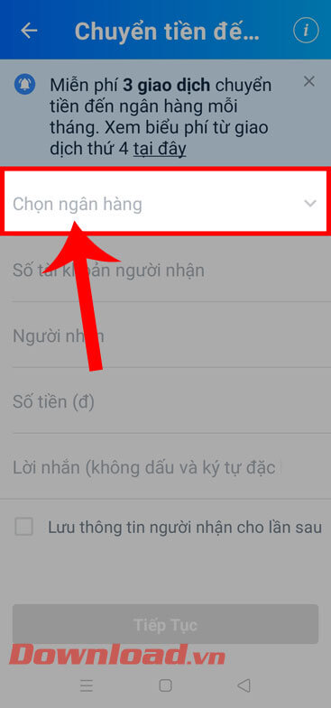<p><strong>Bước 2:</strong> Ở mục <em>Chuyển tiền đến ngân hàng</em>, nhấn vào mục <strong>Chọn ngân