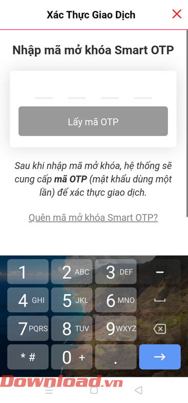 <p><strong>Bước 3:</strong> Sau đó, hãy <strong>nhập mật mã mở khóa Smart OTP</strong> tài khoản ngân