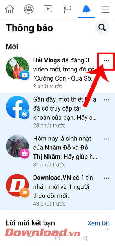 <p><strong>Bước 3:</strong> Tại phần thông báo của ứng dụng, hãy chạm vào <strong>biểu tượng ba chấm</strong>