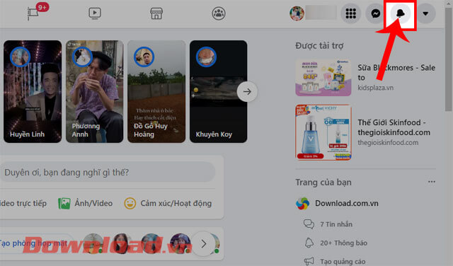 <p><strong>Bước 2:</strong> Tại trang chủ của Facebook, click chuột vào <strong>biểu tượng thông báo</strong>