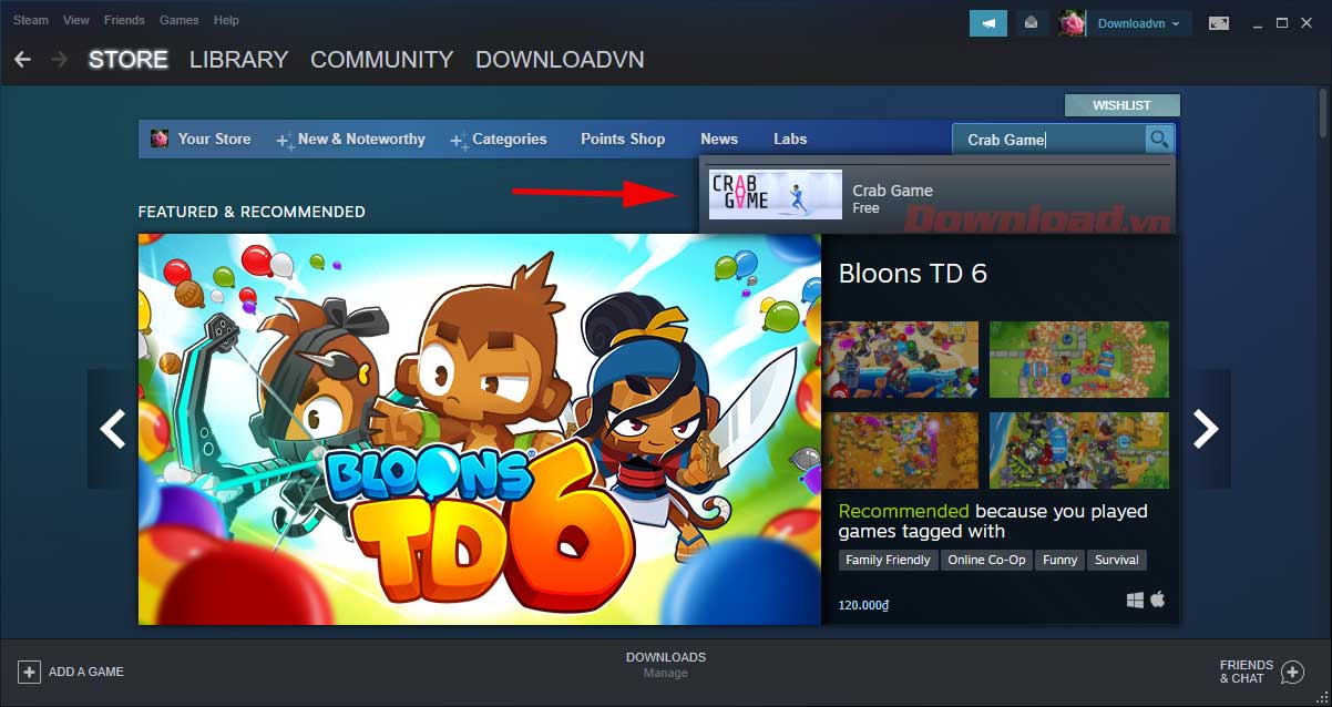 <p>1. Để <strong>tải Crab Game</strong>, đầu tiên, bạn cần đăng nhập tài khoản Steam, tới <strong>Store</strong>,