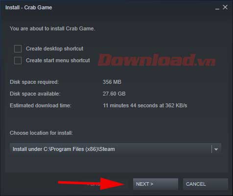 <p>3. Tích vào lựa chọn cài đặt Crab Game mong muốn. Bạn có thể giữ nguyên mặc định, rồi click <strong>Next</strong>.</p>