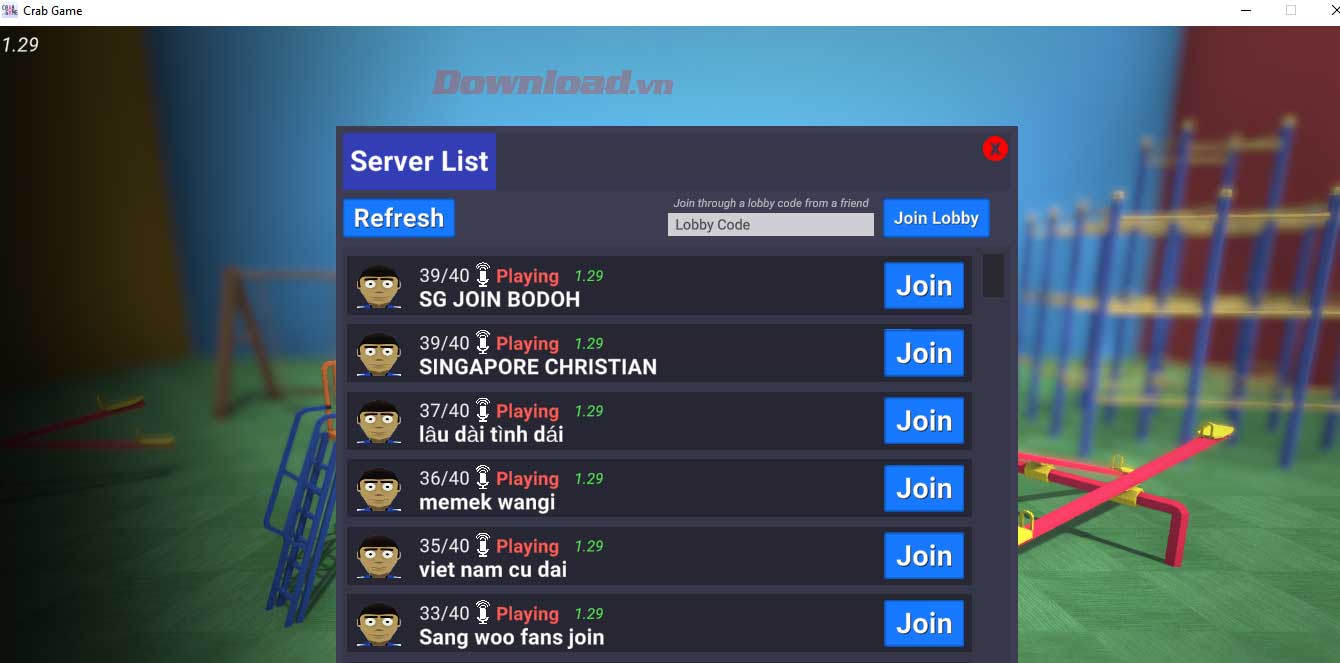 <p>9. Nhấn <strong>Find Game</strong> để xem danh sách server chơi Crab Game có sẵn và <strong>Join</strong>