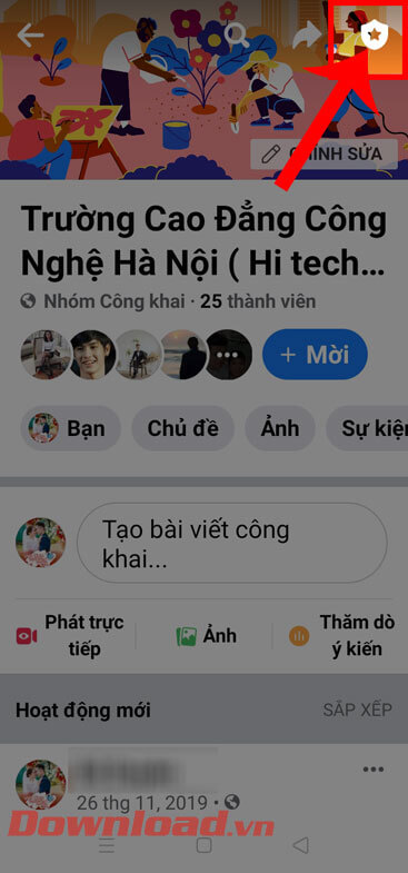<p><strong>Bước 2:</strong> Tại trang chủ của nhóm Facebook, ấn vào <strong>biểu tượng hình khiên</strong>