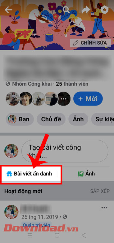 <p><strong>Bước 1:</strong> Sau khi đã bật tính năng đăng ẩn danh, thì tại group Facebook, chạm vào