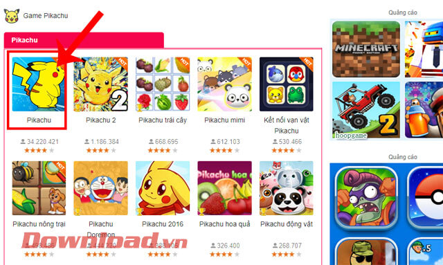 Nhấp chuột vào phiên bản game Pikachu cổ điển