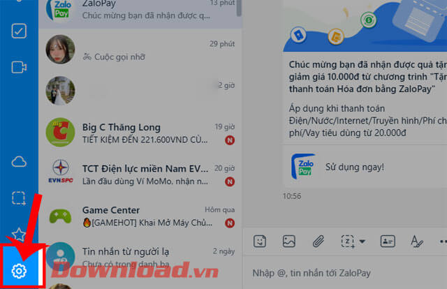 <p><strong>Bước 2: </strong>Trong giao diện chính của Zalo, click chuột vào <strong>biểu tượng cài đặt</strong>