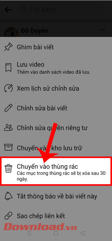 <p><strong>Bước 4:</strong> Tiếp theo, hãy nhấn vào mục <strong>Chuyển vào thùng rác.</strong></p>