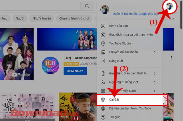 Click chuột vào mục Cài đặt