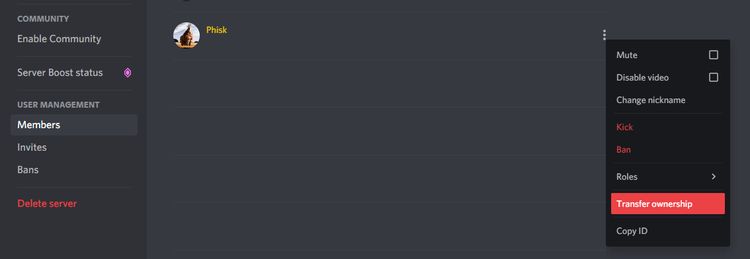 Nút chuyển quyền sở hữu trên Discord