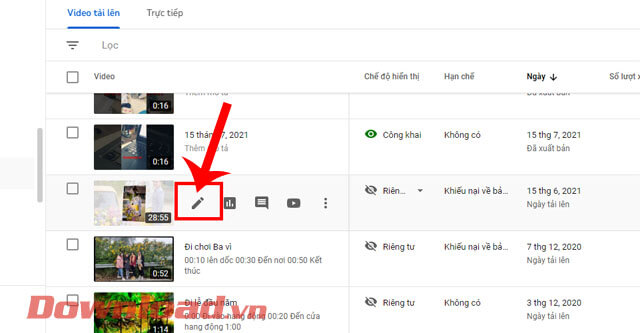 <p><strong>Bước 4: </strong>Khi này tại danh sách video, click chuột vào b<strong>iểu tượng chiếc bút</strong>