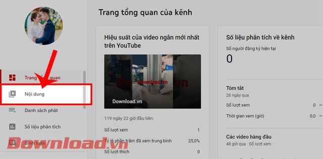 <p><strong>Bước 3: </strong>Tại trang tổng quan của kênh Youtube, nhấn vào mục <strong>Nội dung </strong>ở