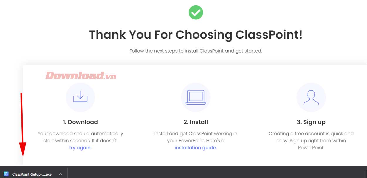 <p>3. Đợi vài phút để quá trình <strong>tải ClassPoint</strong> hoàn tất. Click đúp vào file tải để