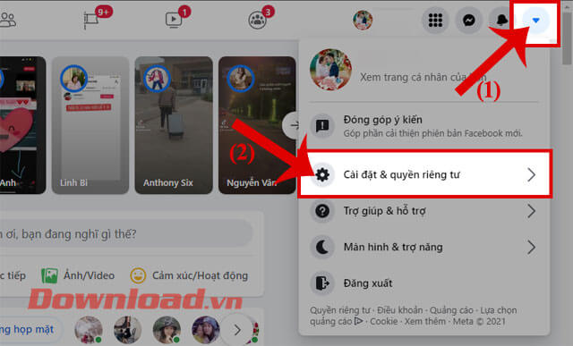 <p><strong>Bước 2:</strong> Tại trang chủ của Facebook, click chuột vào <strong>biểu tượng hình tam