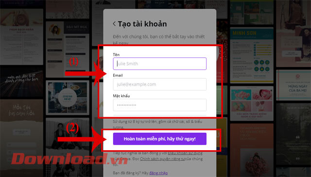 Nhập thông tin: Tên đăng nhập, Địa chỉ Email, Mật khẩu