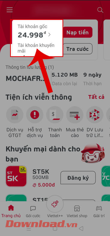 Chạm vào phần thông tin tài khoản