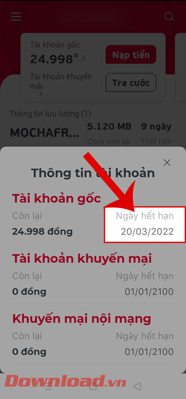 Thông tin thời gian sử dụng SIM