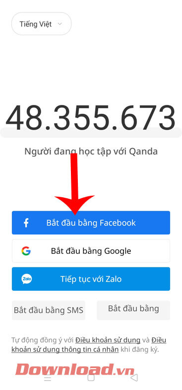 <p><strong>Bước 1:</strong> Lúc này, mở ứng dụng QANDA lên, chúng ta sẽ <strong>đăng nhập bằng tài khoản: