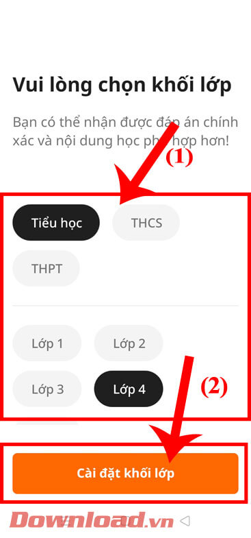 <p><strong>Bước 2:</strong> Khi đã đăng nhập tài khoản thành công, hãy<strong> chọn khối và lớp học</strong>