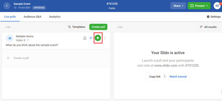 Nhấn nút Play để xem bình chọn chạy trên PowerPoint