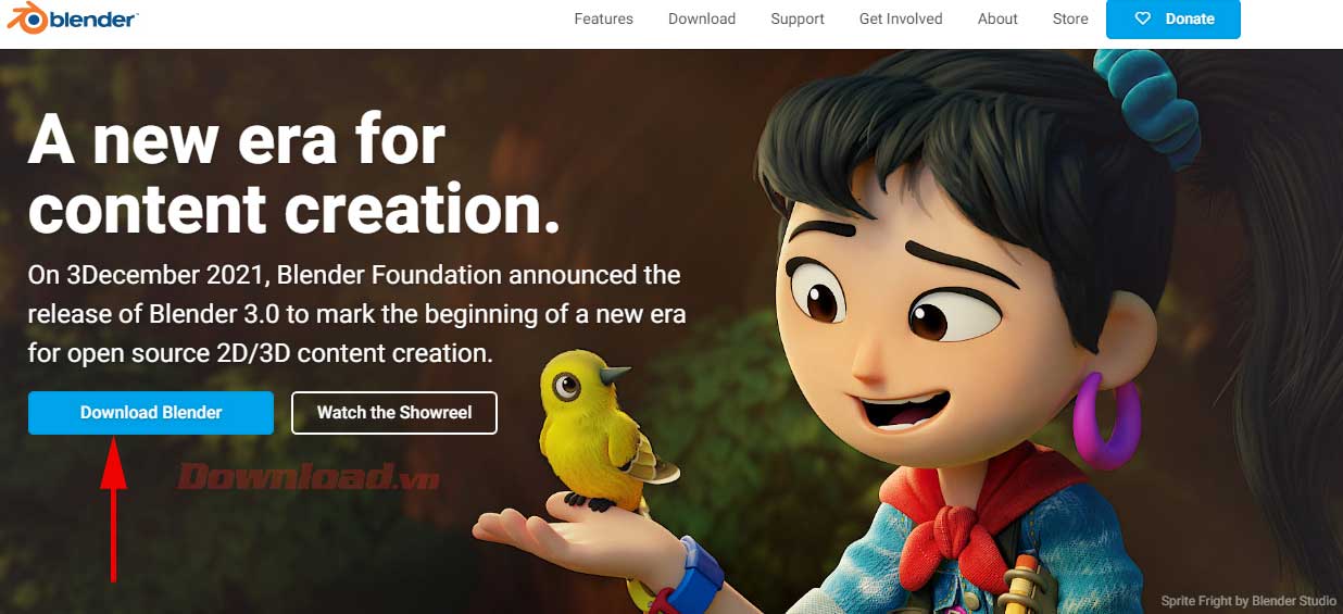 <p>1. Truy cập trang chủ Blender. Click <strong>Download Blender</strong>.</p>
<p style="text-align: