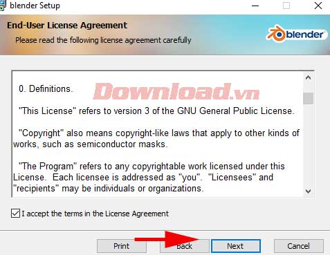 <p>5. Đọc kỹ điều khoản sử dụng, rồi tích <strong>I accept the terms in License Agreement</strong>.